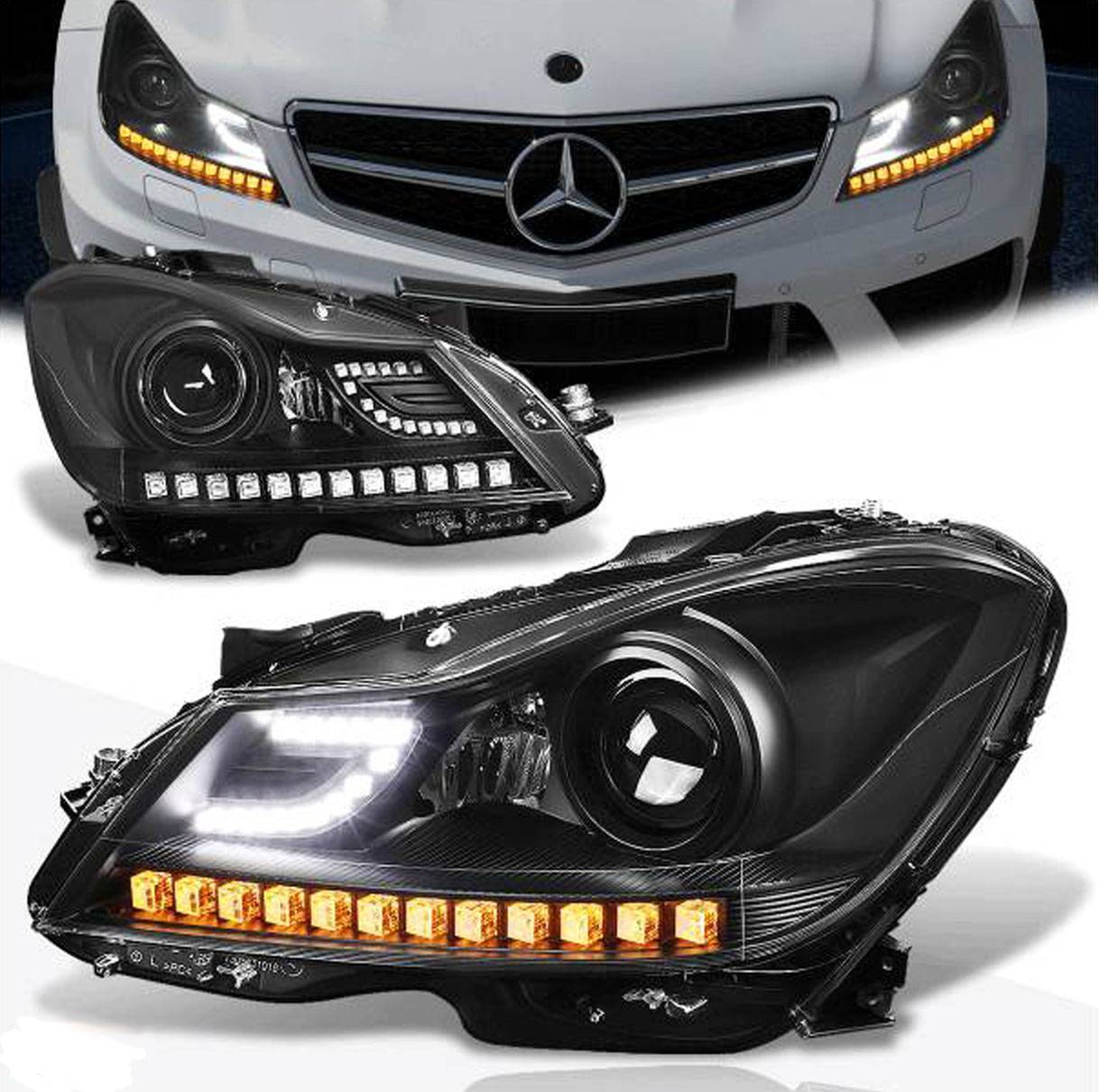Farol Led 3D Negro Mercedes Classe C180 C200 2011 a 2015 Par