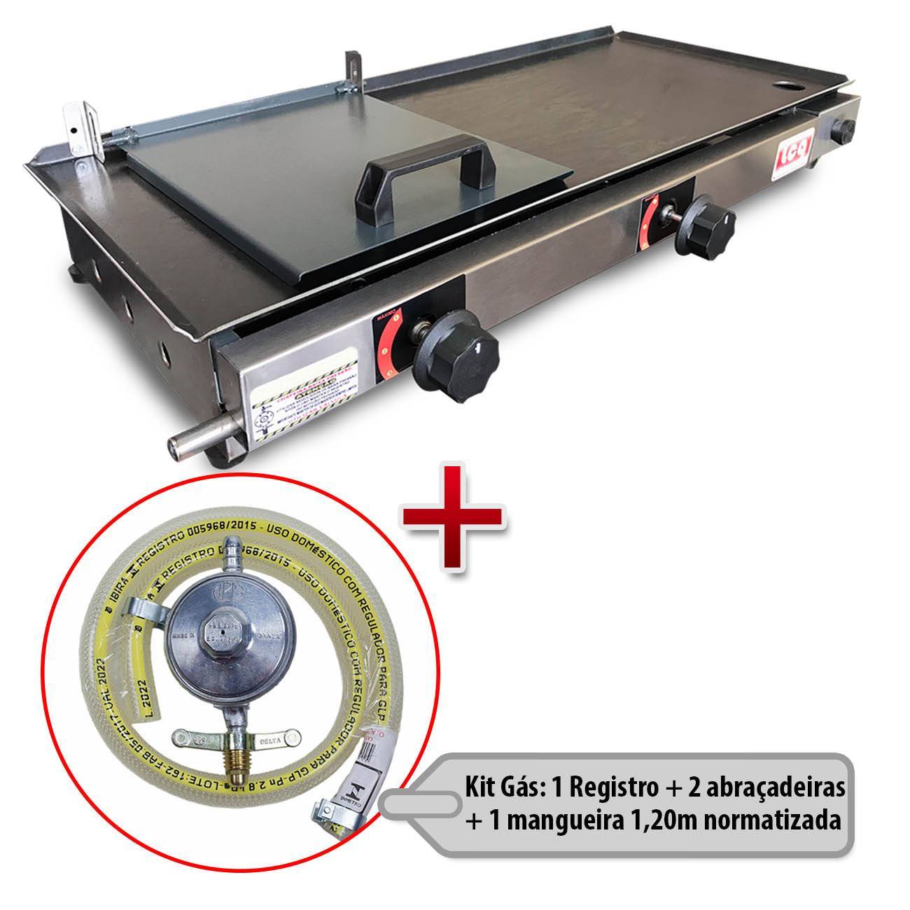 Chapa Gás Lanche Hamburguer 2 Bocas 30x70 Com Abafador Prensa LCG + Kit Gás