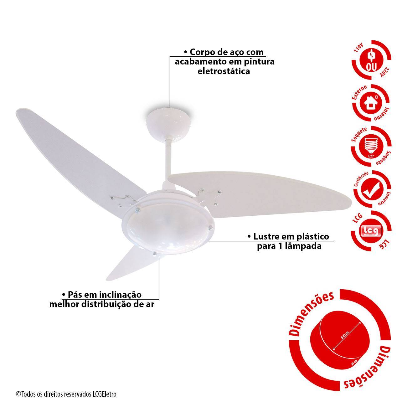 Ventilador De Teto Wind Light Branco 1 Lâmp. Roma 3 Pás 