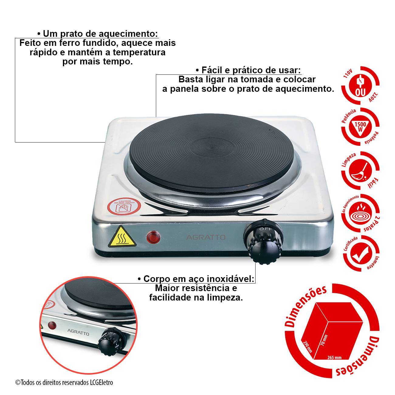 Fogao Eletrico Portatil Mesa 1 Boca Camping 1500w Agratto