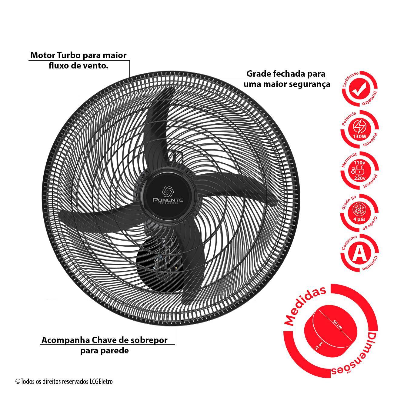 Ventilador de Parede Ponente Oscilante Preto Four 50cm 4 Pás