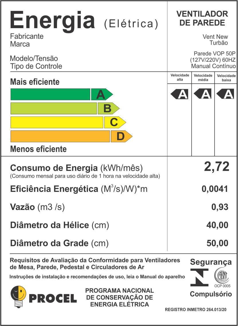 Ventilador de Parede Oscilante 50cm Prata Turbão 130W Bivolt