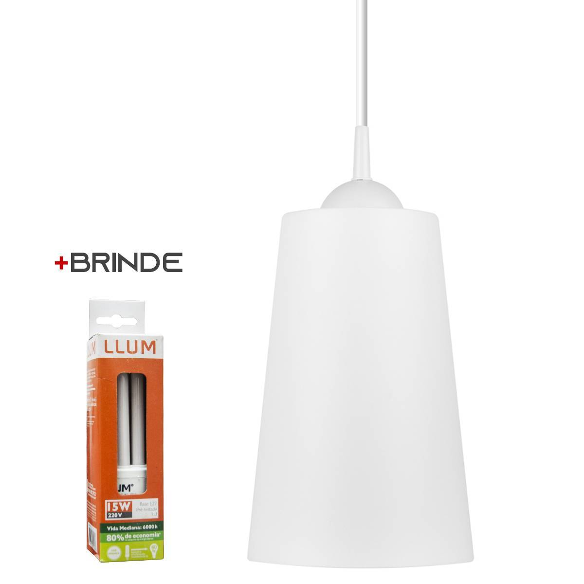 Luminária Pendente Easy 26x17cm Branco Bronzearte + Lâmpada Brinde