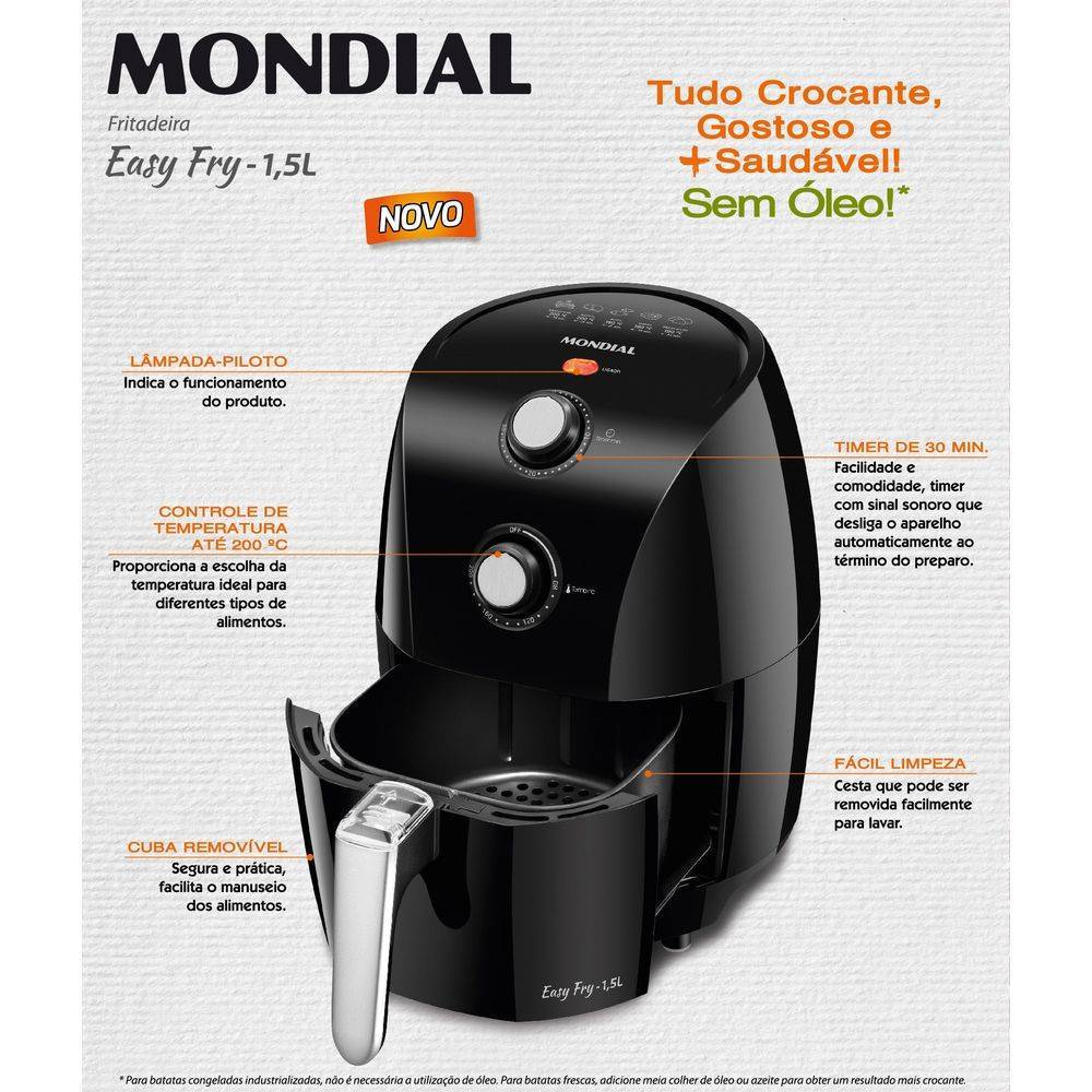 Fritadeira Elétrica Sem Óleo Easy Fry Mondial AF-23 1,5L Preta