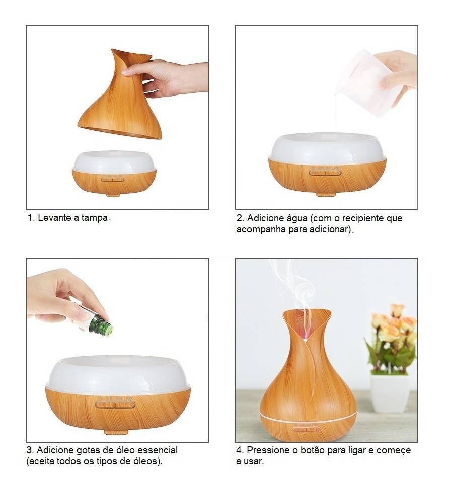 Umidificador Purificador Difusor Aroma Madeira Led Usb 400ml