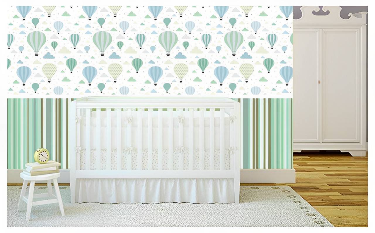 Papel De Parede Adesivo Infantil Balão Listras Verde 300x52cm