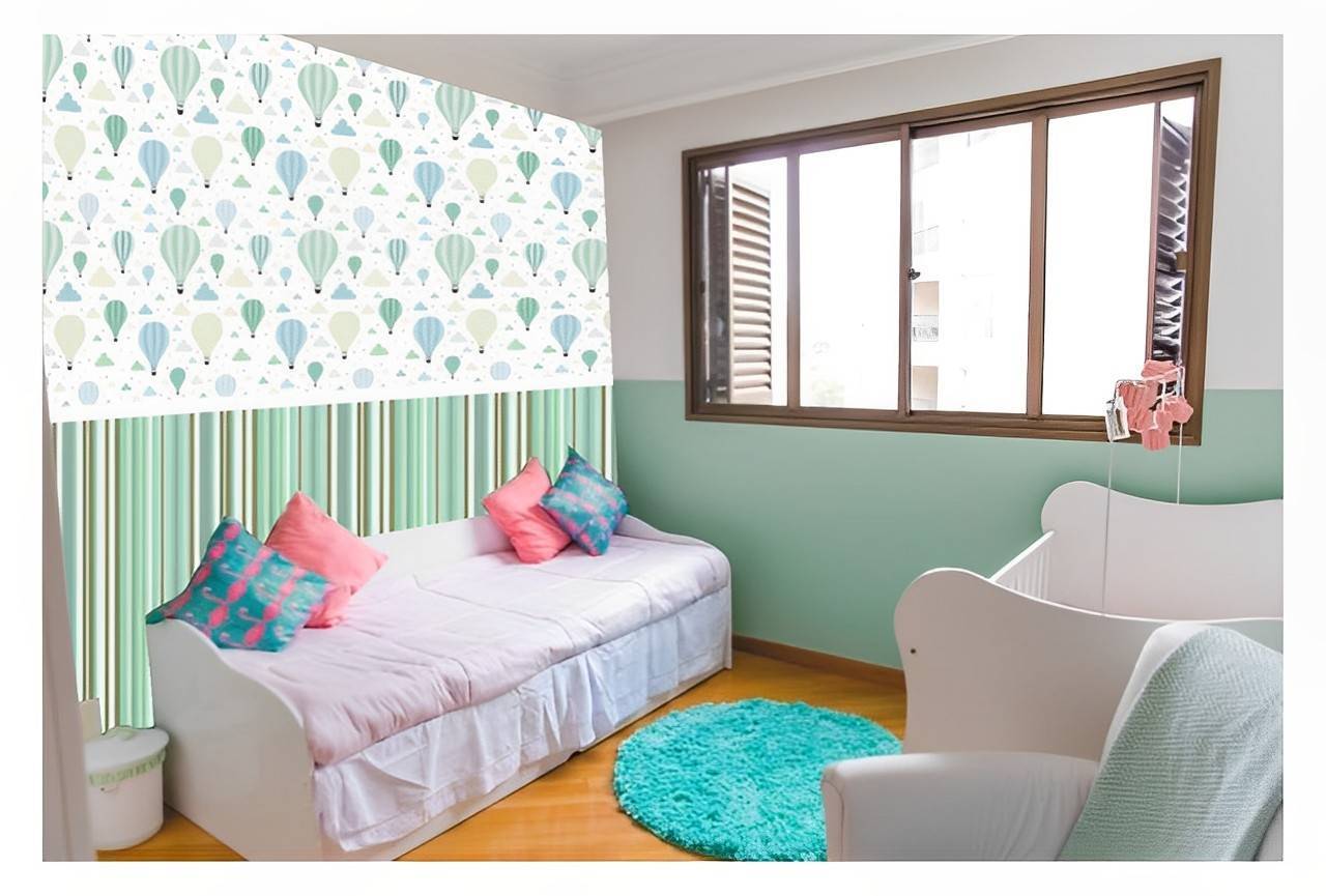 Papel De Parede Adesivo Infantil Balão Listras Verde 300x52cm