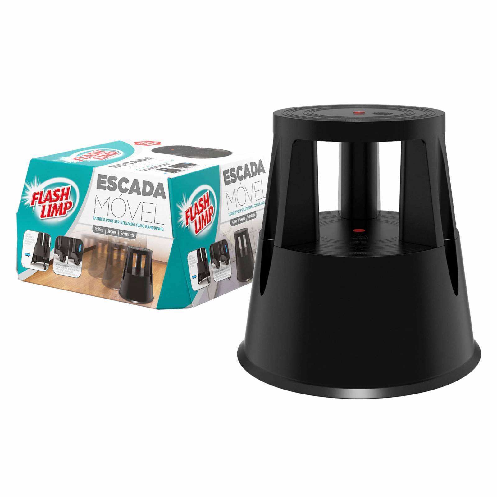 Escada Móvel Banquinho Emborrachada Rodinha Preta Flash Limp