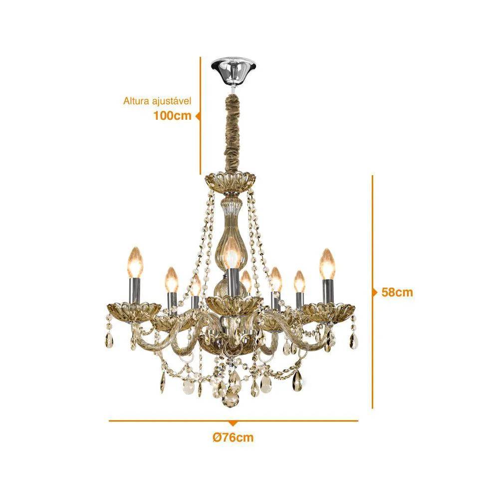 Lustre Clássico Âmbar de 8 Lâmpadas E-14 40w 