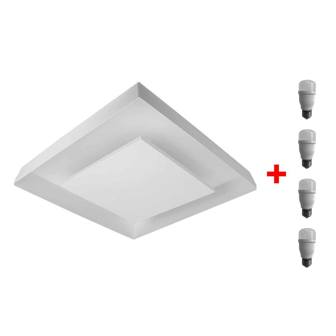 Plafon De Luz Indireta Sobrepor 35x35cm E27 Branco + 04 Lâmpadas Bulbo 12w T45 6500k
