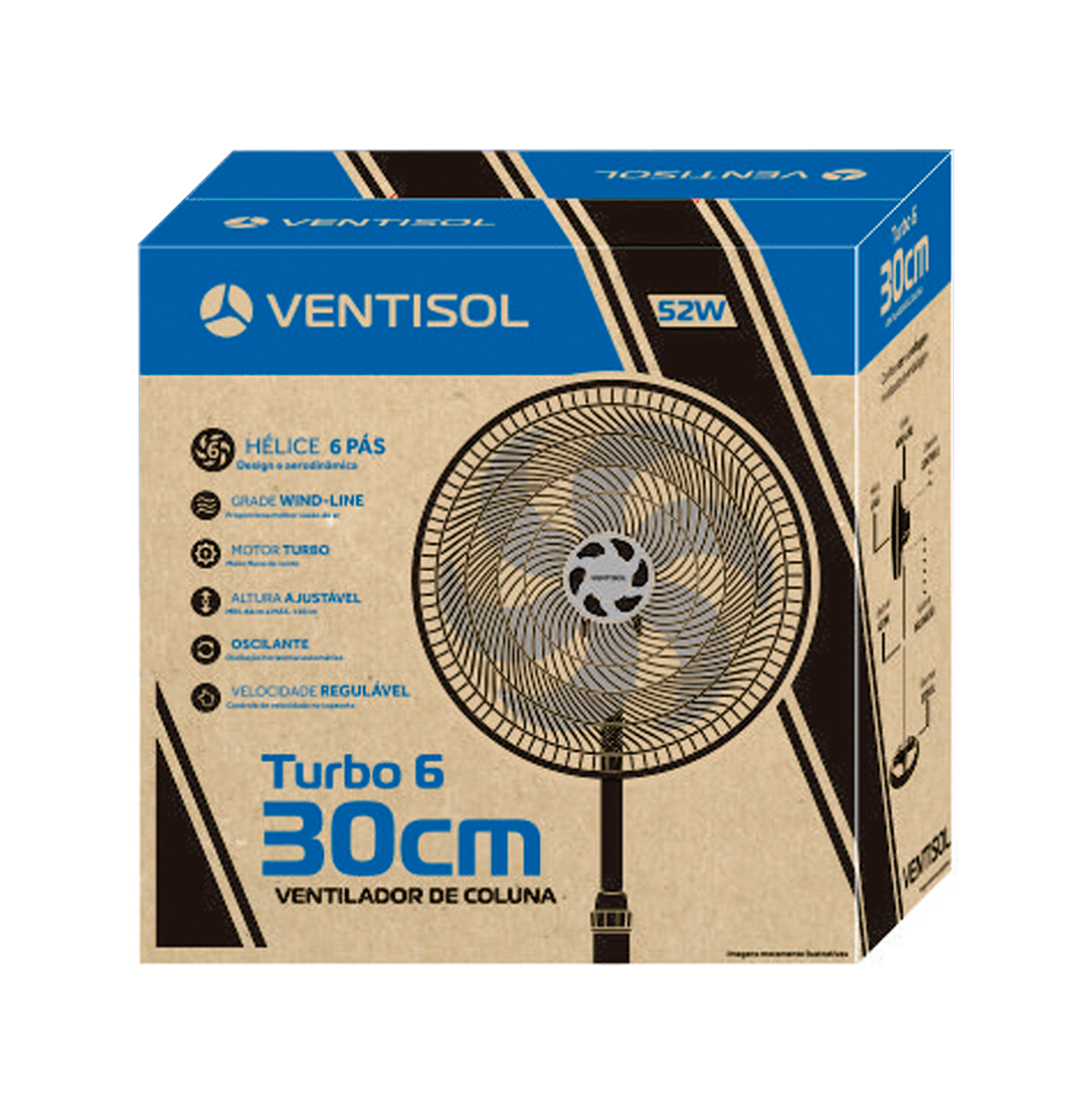 Ventilador de Coluna Preto 30cm Turbo 6 Pás Oscilante Ventisol