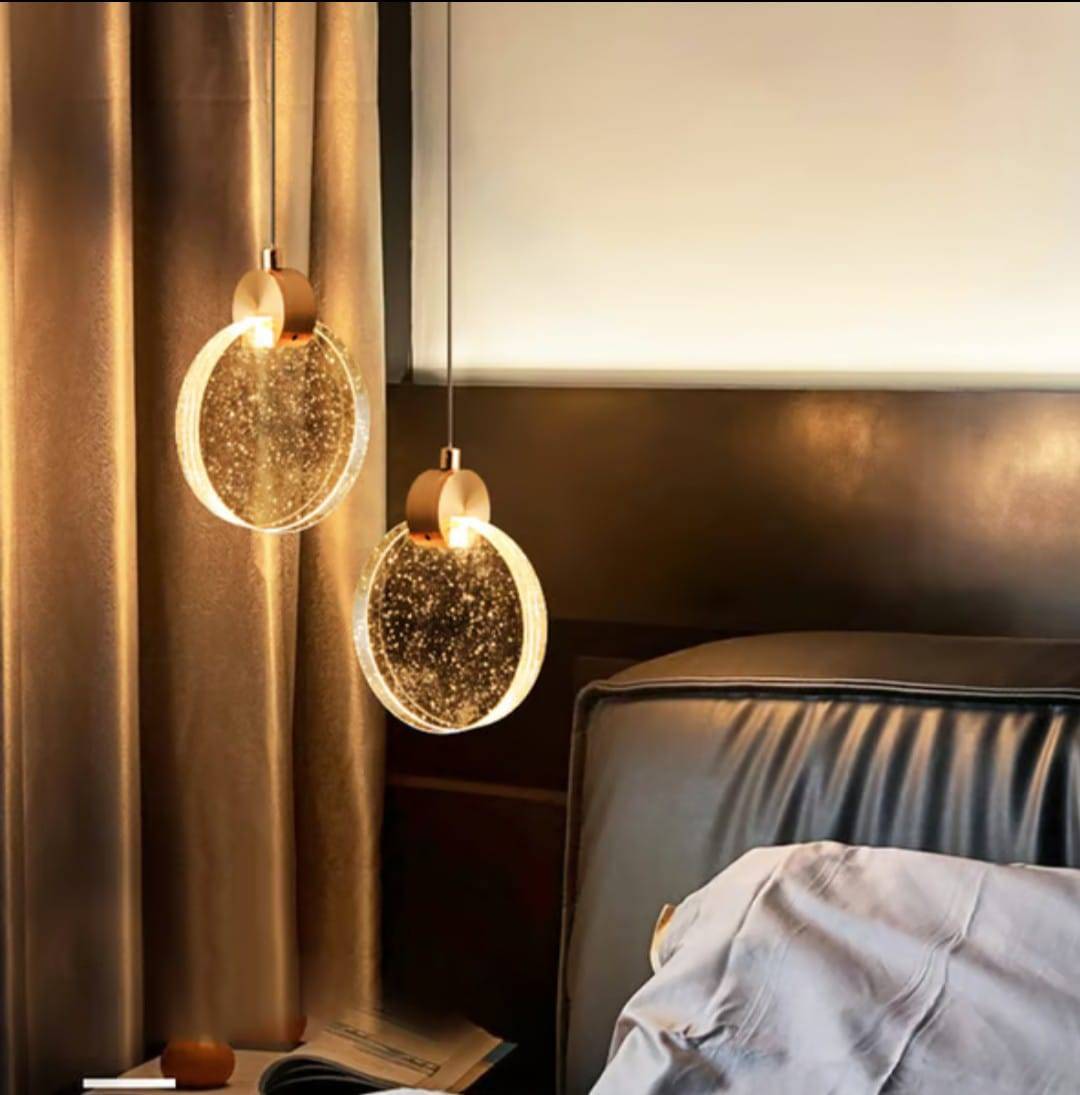 Pendente Led Lua Cristal Bolhas Vidro Redondo Dourado 13cm