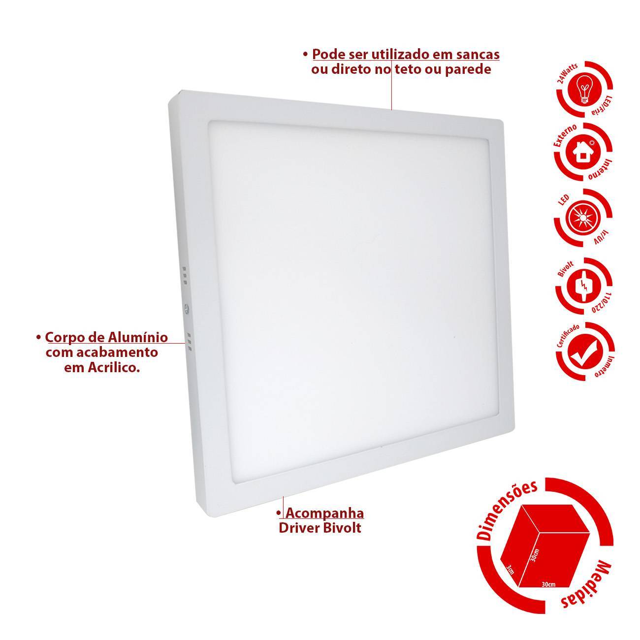 Luminária Plafon Led Sobrepor Quadrado 24w 30x30