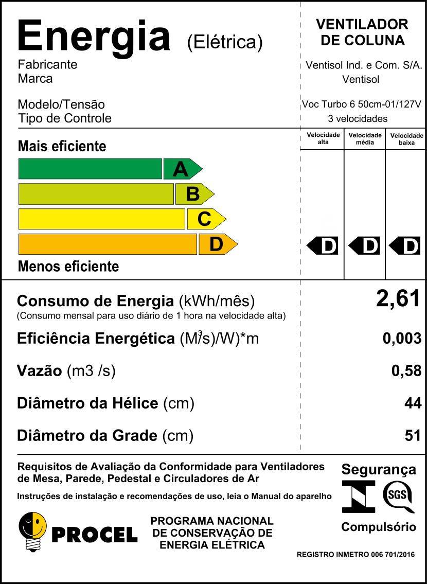 Ventilador de Coluna TURBO 6 Pás 50CM Ventisol