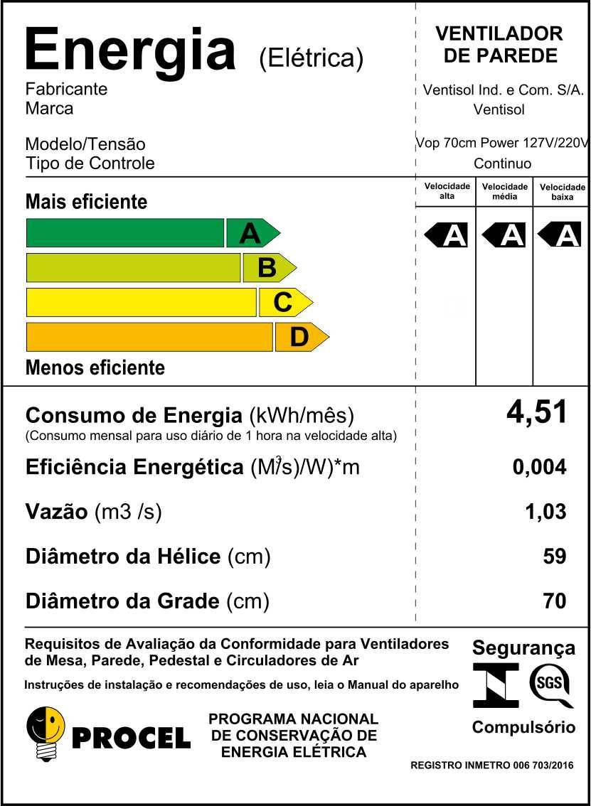 Ventilador de Parede POWER 70cm BIVOLT 230W Ventisol