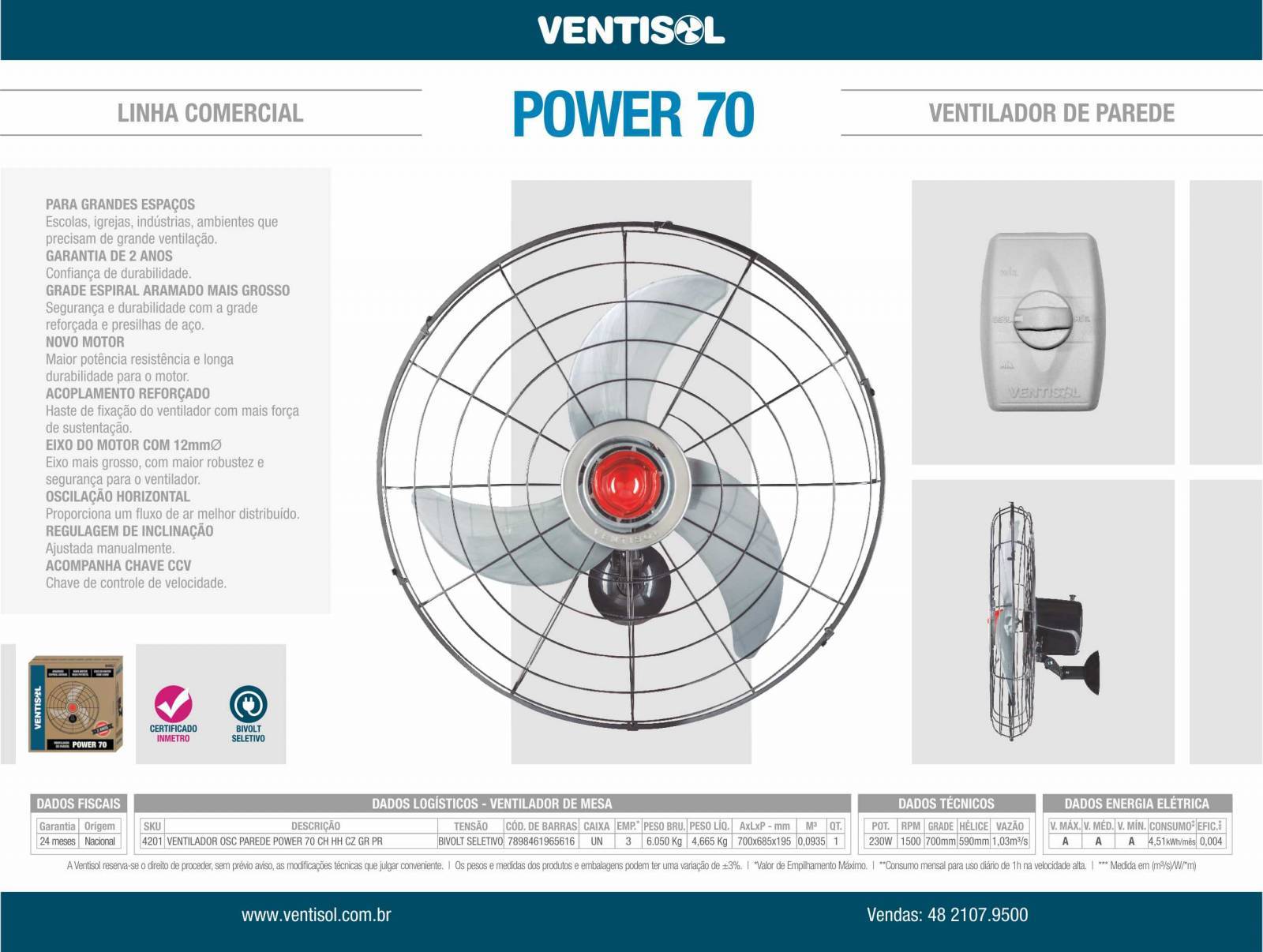 Ventilador de Parede POWER 70cm BIVOLT 230W Ventisol