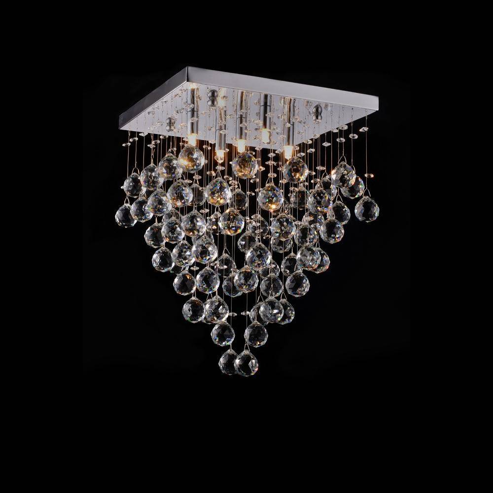 Plafon Cristal Alto Brilho Quadrado Cromado/Transparente 5 lâmpadas Bella