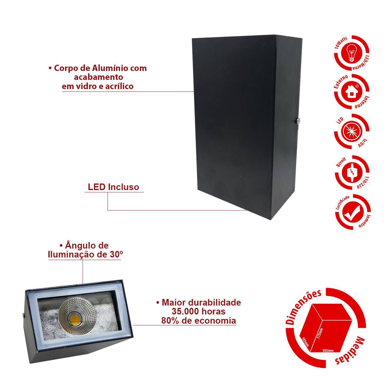 Arandela 2 Fachos Luminária Preta Muro Parede Externa Led 10w