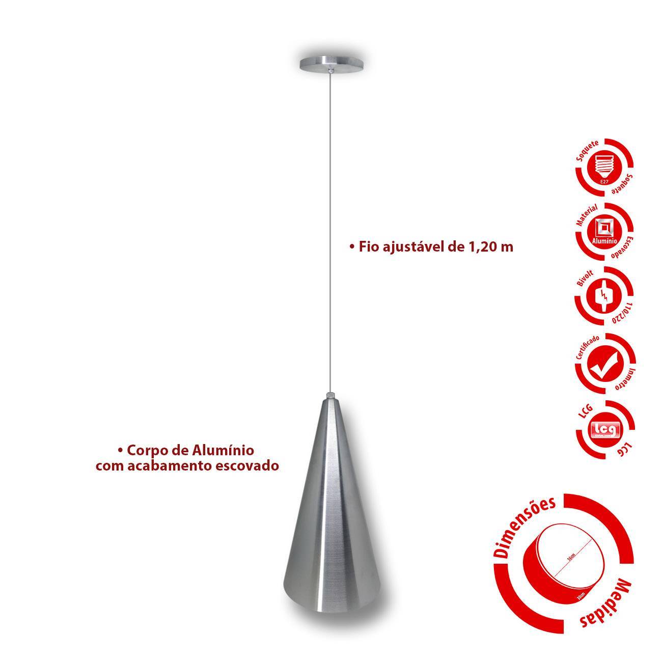 Pendente Cone Alumínio Escovado Para Lâmpada E27 - LCG ELETRO