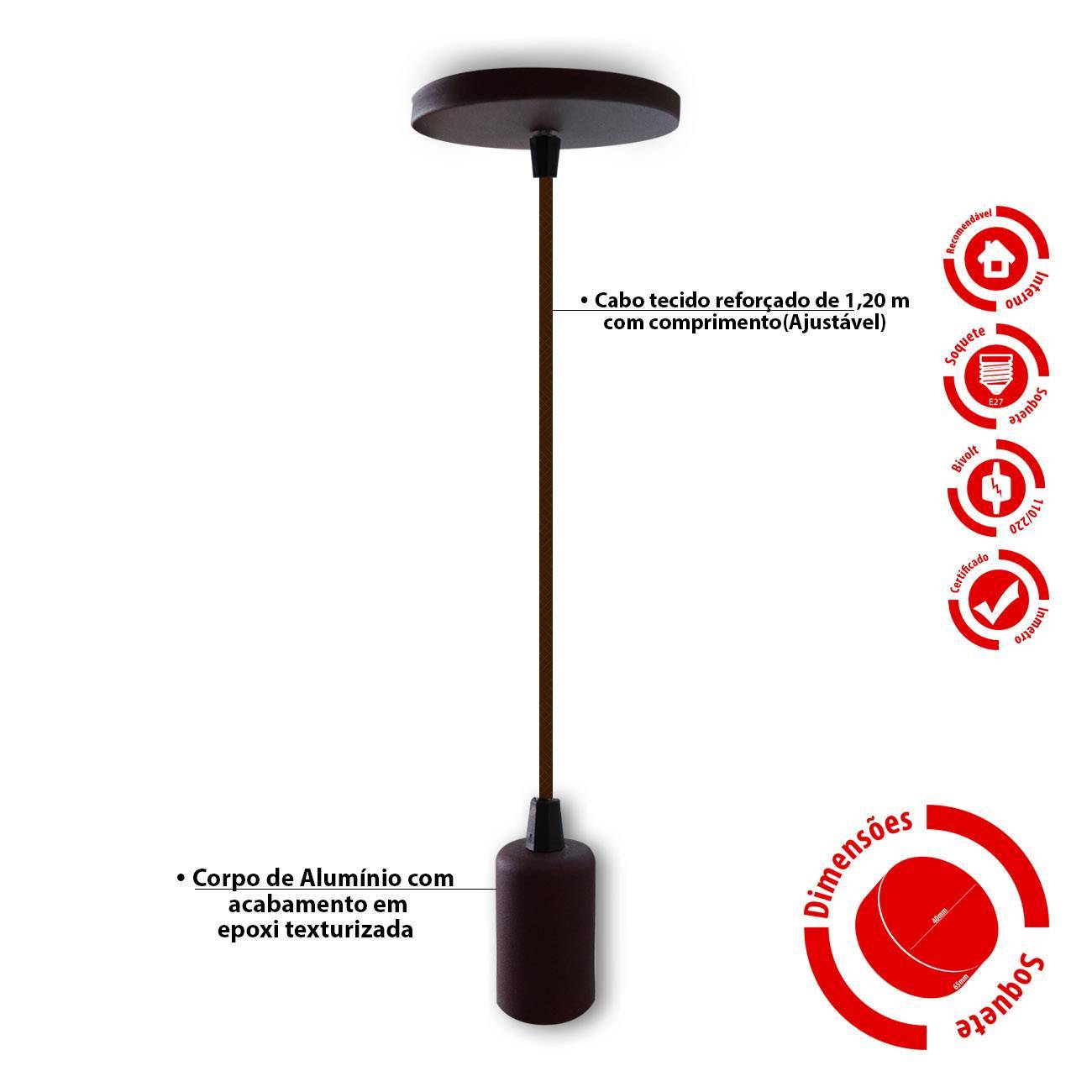 Pendente Marrom Luminária Slim Fio E27