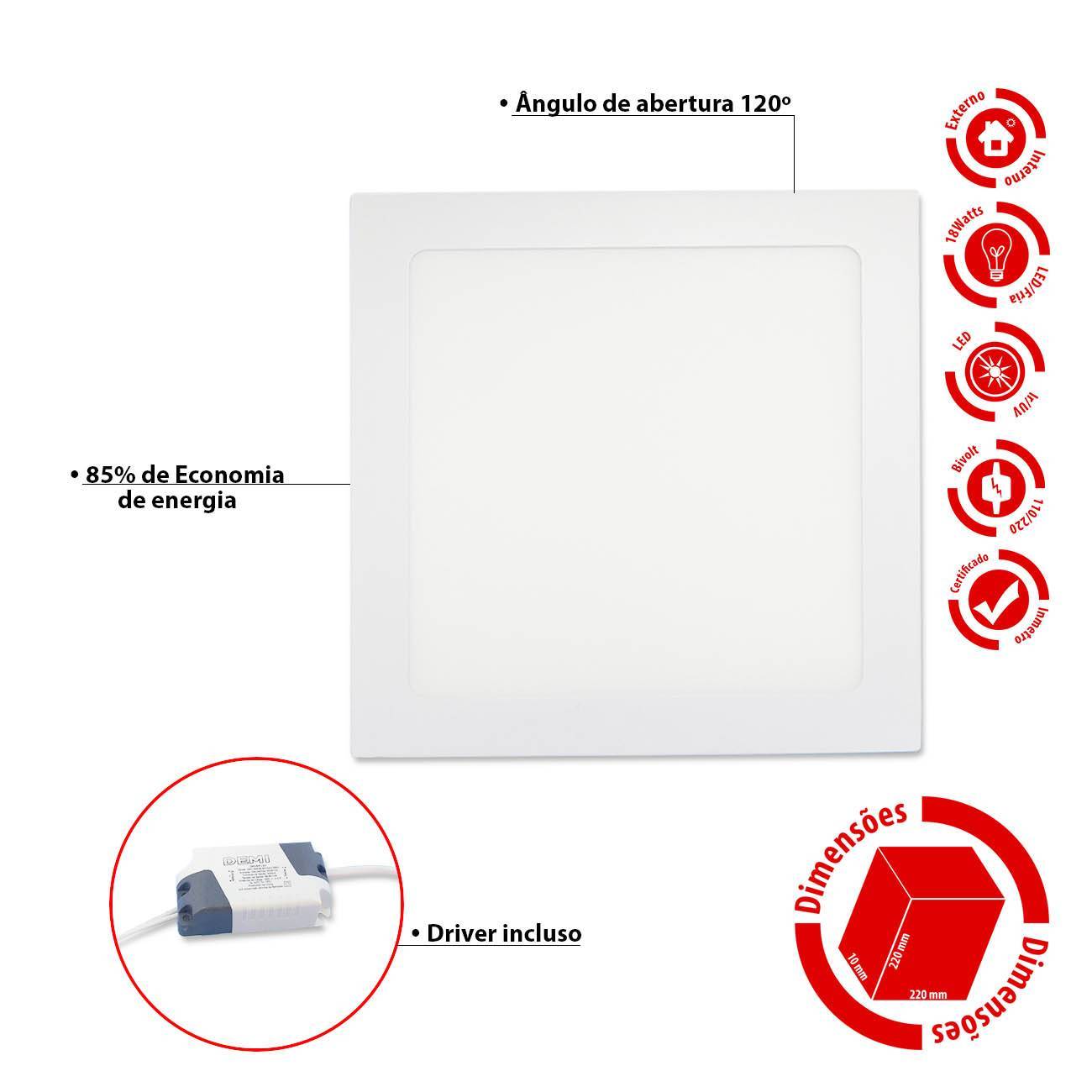 Luminária Plafon Led Embutir Slim Quadrado 18w Branco Frio - LCG ELETRO
