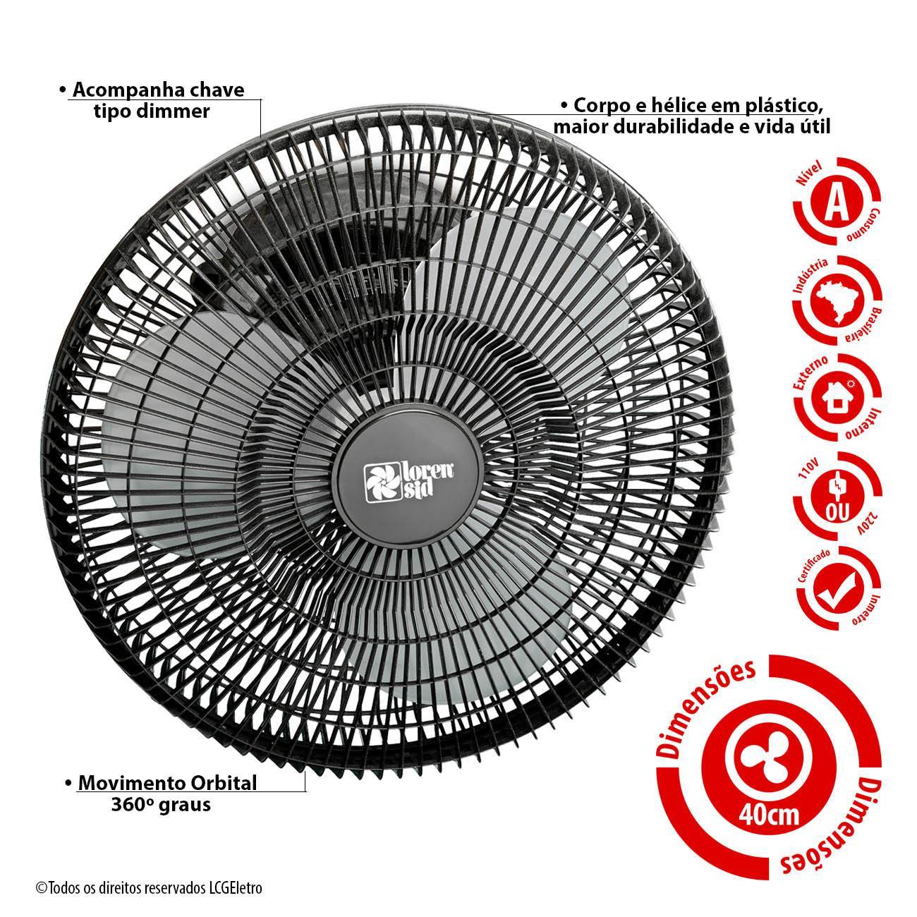 Ventilador de Teto Turbo Orbital Giro 360° 40cm Preto LorenSid Bivolt