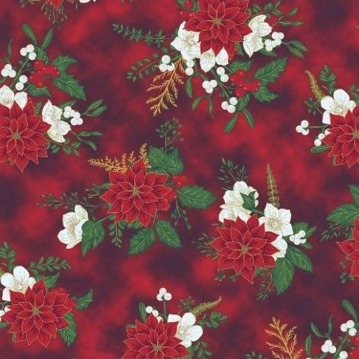 Tecidos Tricoline Estampado Flores de Natal Fundo Xadrez Vermelho