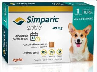 Antipulgas Simparic Comprimido cães de 10,1 a 20kgs Zoetis - 01 Comprimido