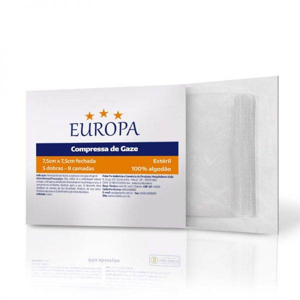 Compressa Gaze  Estéril 7,5 x 7,5 c/ 10un EUROPA - Soft Care Produtos Médicos