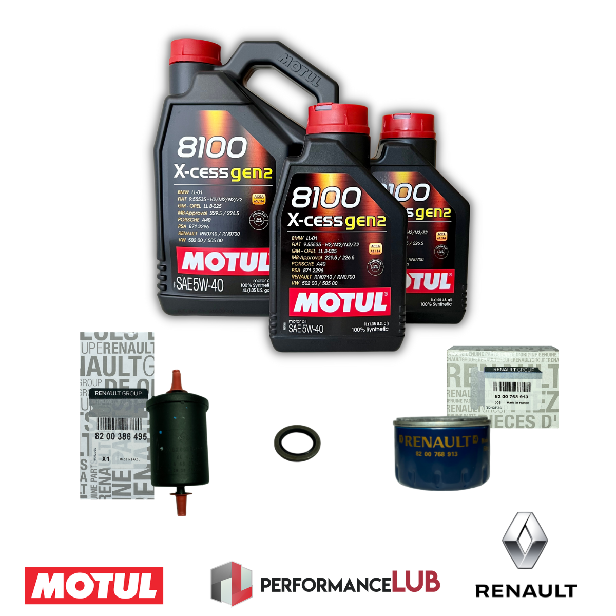 Kit revisão - Renault F4R - Óleo 8100 5W40 + filtros de óleo, combustível + anel - PerformanceLUB Lubrificantes Premium