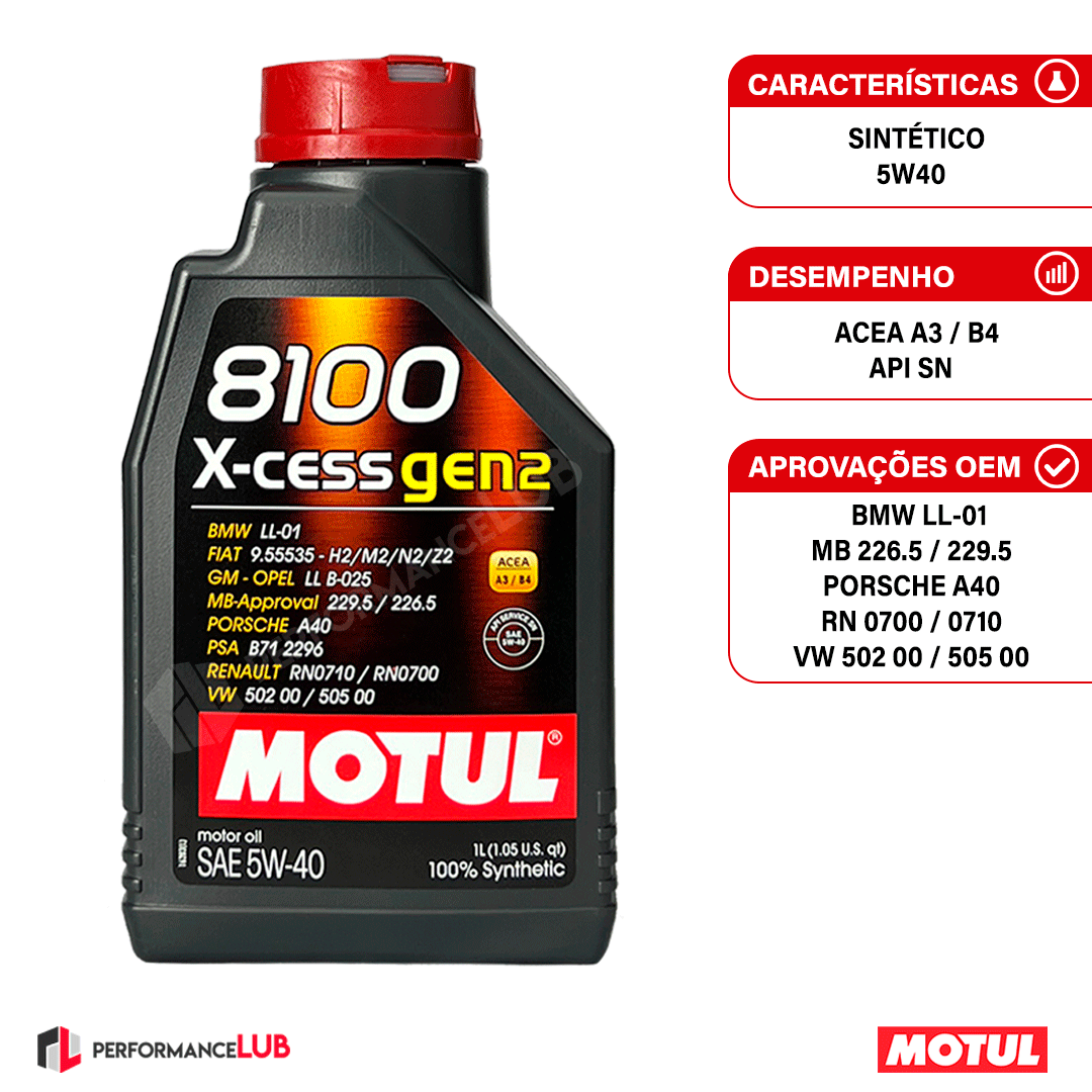 Motul 8100 X-cess gen2 5W40 (API SN) - 1 litro - PerformanceLUB Lubrificantes Premium