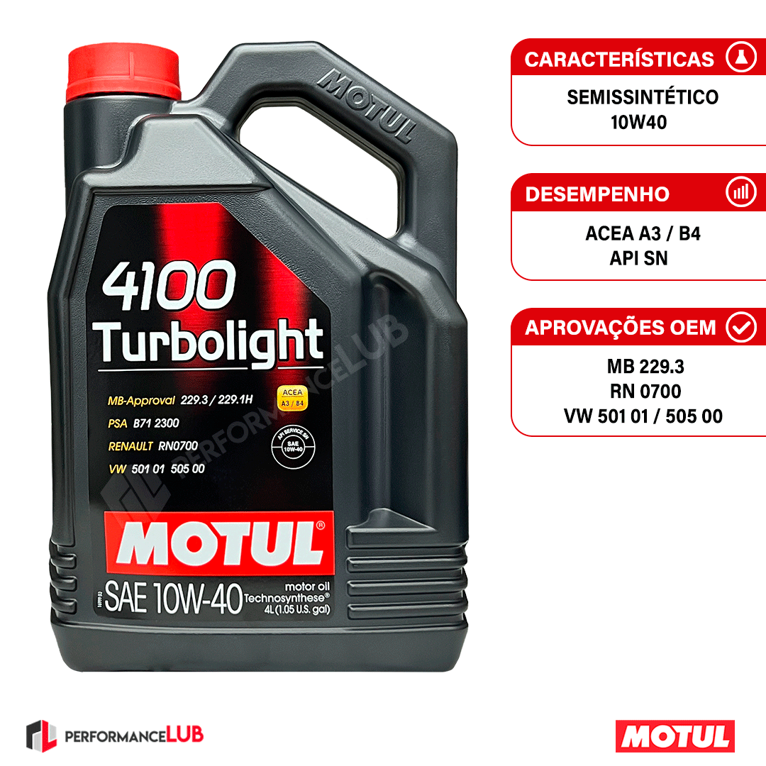 Motul 4100 Turbolight 10W40 (API SN) - 4 litros - PerformanceLUB Lubrificantes Premium