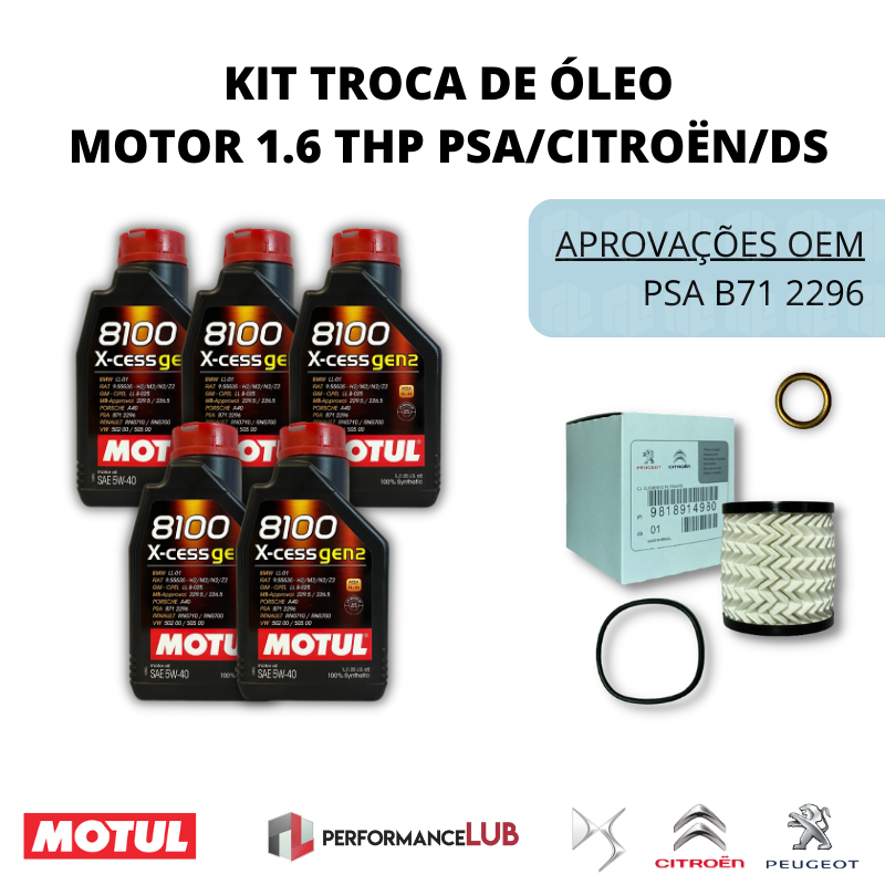 Kit revisão - Citroën 1.6 THP - Óleo 8100 5W40 + filtro de óleo + anel - PerformanceLUB Lubrificantes Premium