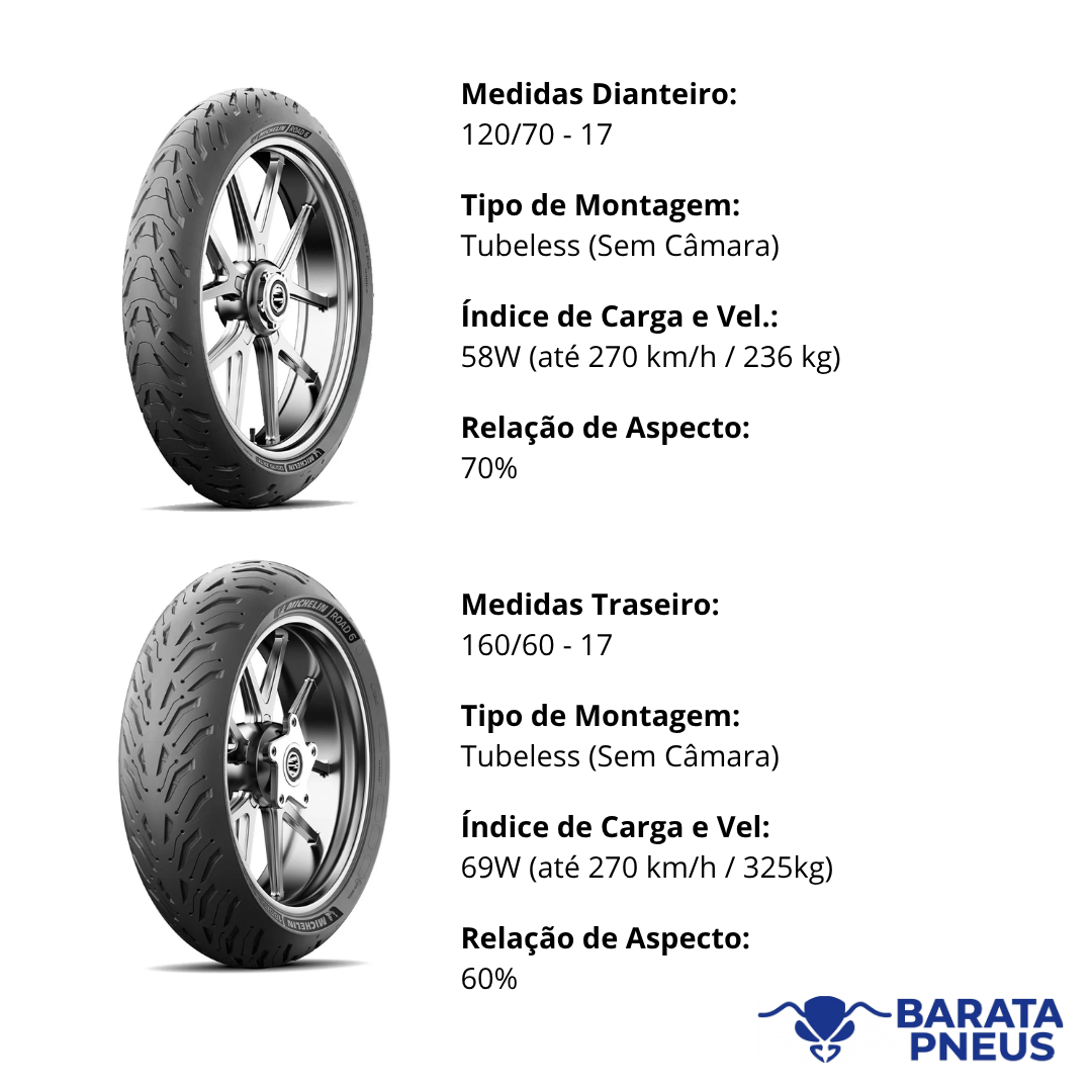 Combo de Pneus Michelin Road 6 120/70-ZR17 + 160/60-ZR17 - BARATA