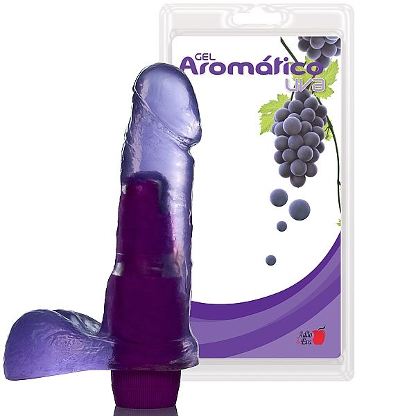 Pênis em Gel Aroma de Uva com Escroto e Vibrador 16,5 x 4 cm - Penis 16x4 cm